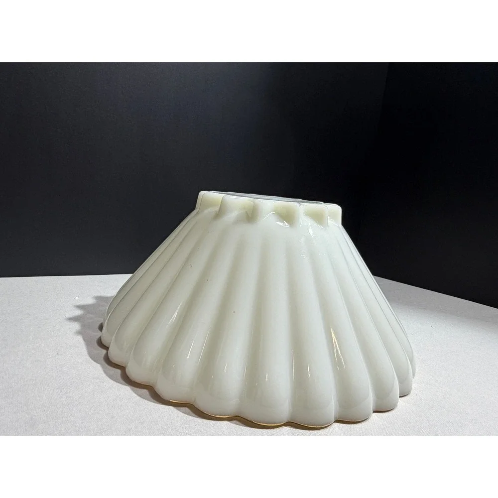 Vintage Fire-King Milk Glass Ribbed Bowl Scalloped Gold Trim Mid-Century Modern